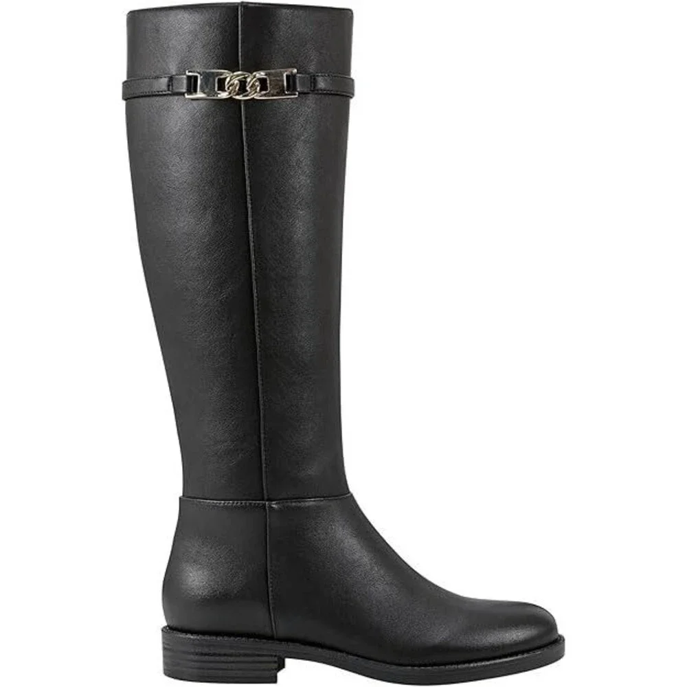 Bandolino Women 7.5 M Black Romi Faux Leather Knee High Riding Boots New W/O Box